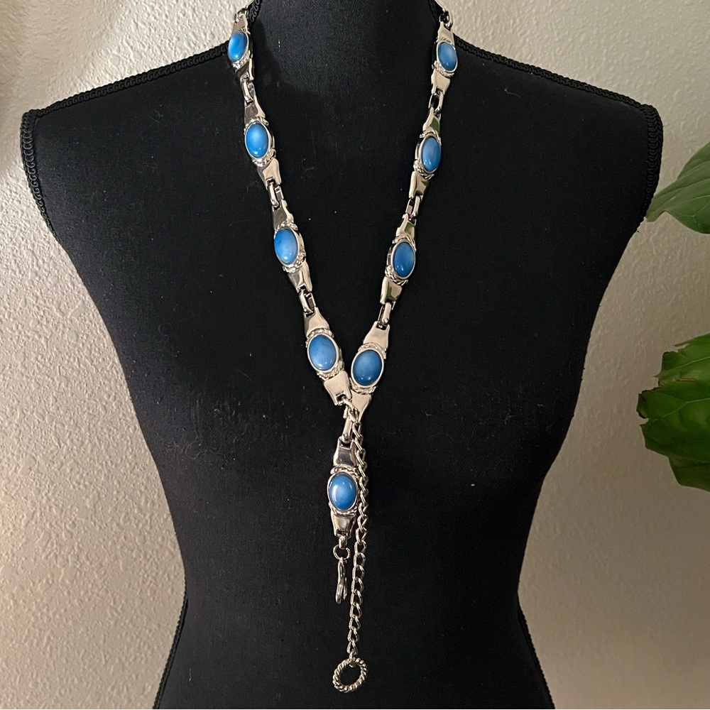 ESCADA Women’s Silver Tone Iridescent Blue Stone Chain Link Belt Made in Spain E
